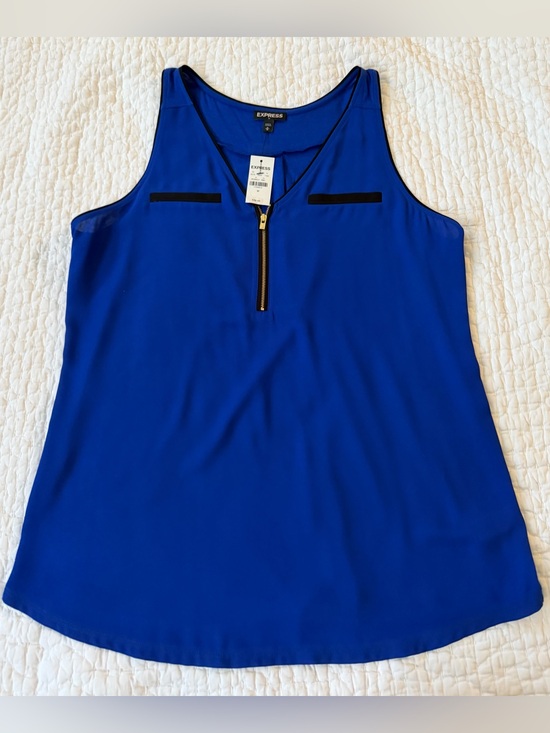 Express Tops - Express Blue Sleeveless Zip Tank with Black Trim